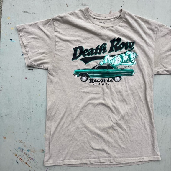 Men's Death Row Records Beige Spell-Out Logo T-Shirt M Crew Cotton 90s Rap LBC - Picture 4 of 13